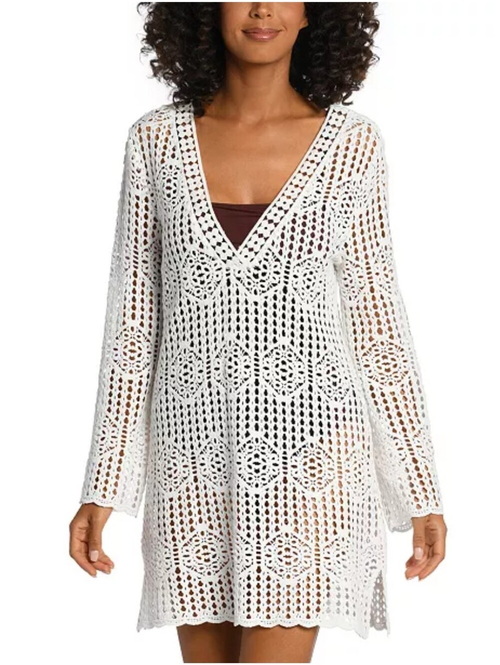 LA BLANCA Ivory Waverly Bell-Sleeve Cover-Up Crochet Dress 100% Cotton Large